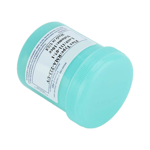 Side view of RMA-223-UV Solder Flux Paste For CSP BGA PCBs, 100g jar with label visible, ideal for rework and repairs