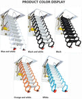 Product color display of Solid No Hassle Remote Control Electric Attic Pull Down Ladder in blue, black, orange, and white.