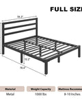 Heavy Duty Metal Platform Bed Frame With Attached Headboard And Dead Silent Construction In Premium Matte Black Finish, Full Size, 1000 lbs capacity.