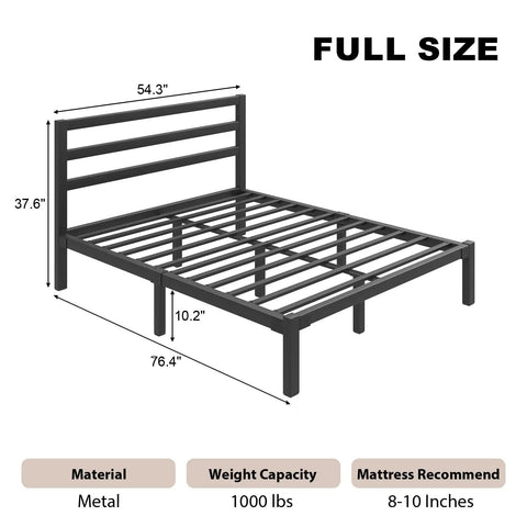 Heavy Duty Metal Platform Bed Frame With Attached Headboard And Dead Silent Construction In Premium Matte Black Finish, Full Size, 1000 lbs capacity.