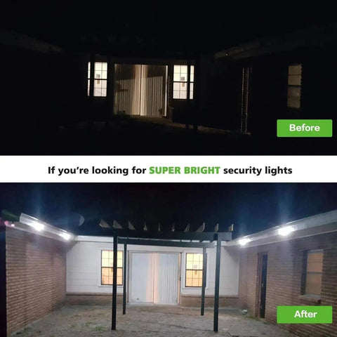 Before and after of Motion Sensor Outdoor Lights Cordless Battery Powered Two Pack With 1000LM LED Security Light 6000K Cool White Exterior Spotlight illuminating a house wall.