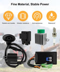 Beefed Up CDI Box Ignition Coil Kit For Sportsman 90 Scrambler 90 Predator 50 90 2001-2007 With Voltage Regulator Rectifier Spark Plug And Starter Relay Solenoid Replaces 0451018 0452187, product components shown separately including CDI box and regulator.