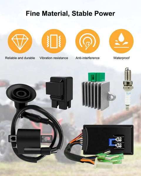 Beefed Up CDI Box Ignition Coil Kit For Sportsman 90 Scrambler 90 Predator 50 90 2001-2007 With Voltage Regulator Rectifier Spark Plug And Starter Relay Solenoid Replaces 0451018 0452187, product components shown separately including CDI box and regulator.