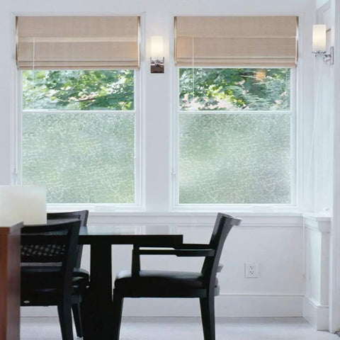 Self-Adhesive Privacy Window Film, 17 Inches By 78 Inches, Pearl, 2 Pack With Applicator installed on dining room windows