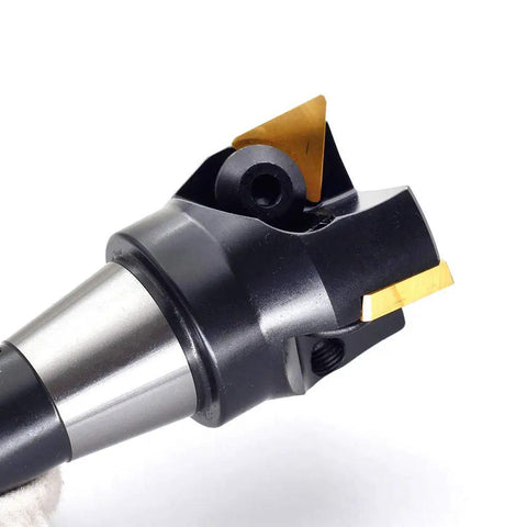 Close-up of Indexable End Mill With R8 Shank For Milling 2 Inch Cutting Depth And 6 Inch Overall Length 90 Degree Right Hand Cut Carbide Inserts