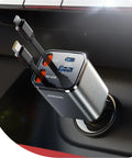 Ultra Compact 4 In 1 Retractable Car Charger With 84W USB C Fast Charging inserted in car socket, showing cables and ports.