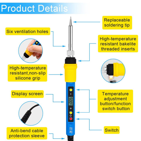 Beast DIY 80W Soldering Gun Kit With Adjustable Temperature From 180 To 500 Celsius highlighting features and components details.
