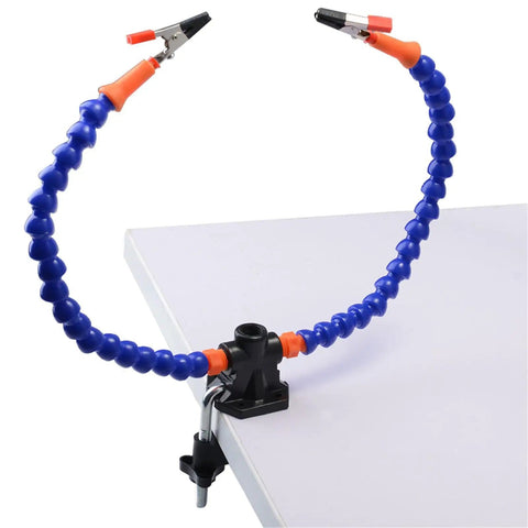 Two Arm Soldering Helper Hands Tool With Flexible Arms And Non Slip Rubber Clamps for PCB work attached to workbench