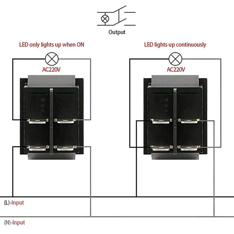 Diagram illustrating DPST Rocker Switch On Off 4 Pin 16A 250V AC Red LED Illuminated Snap-In Power Switch Heavy Duty UL Recognized