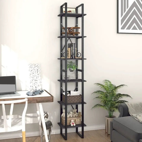 Gray 6 Tier Book Cabinet With Engineered Wood Build And 82.7 Inches Tall, Dope Storage Organizer for decor in a living room corner.
