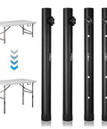 Four Pack Heavy Duty Steel Table Leg Extenders With Quick Adjust Risers For Folding Tables, black steel, adjustable for comfortable height.