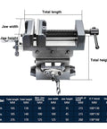 Heavy Duty Cross Slide Vise For Drill Press And CNC Milling Features A Hardcore Cast Iron Frame With Killer Grip and Slick Two Stage X Y Slide Action Ideal For Workbench Builds with measurements and specs displayed.