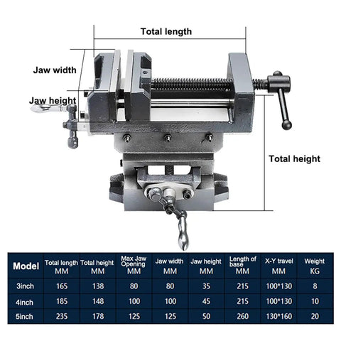 Heavy Duty Cross Slide Vise For Drill Press And CNC Milling Features A Hardcore Cast Iron Frame With Killer Grip and Slick Two Stage X Y Slide Action Ideal For Workbench Builds with measurements and specs displayed.
