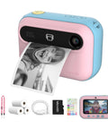 Kids Instant Print Camera Insta 20 Hybrid Digital And Instant Photo Printer For Ages 4 To 12, 7 Second Inkless Printing, Selfie Frames, Easy Controls, Creative Frames, Great Birthday Gift pastel pink and blue kids instant print camera with photo, paper rolls, USB cable, microSD