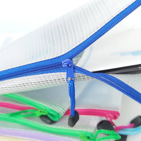 Close-up of colorful mesh zipper pouches with label pocket, featuring 24 Pack Small Mesh Zipper Pouches With Label Pocket Waterproof Bags.