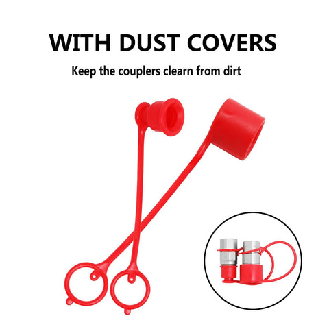 Red plastic dust covers for hydraulic quick-disconnect couplings; pair with lanyard.