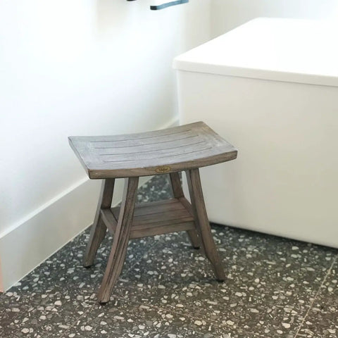18 Inch Gray Teak Shower Bench Seat Waterproof Anti Slip Inside Shower Stool For Safety Storage And Organization Of Your Bathroom Accessories Pro Grade Durable Bath Upgrade next to bathtub.