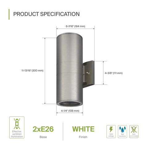 Two Light Outdoor Wall Light Fixtures Dope Dual Up Down Cylinder Sconce 120V E26 Sockets Weatherproof Steel Exterior Lighting For Front Door Porch Patio Works With LED CFL Incandescent Bulbs 2 Pack