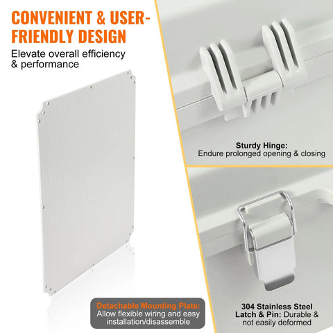 Close-up view of Weatherproof Junction Box Made From Heavy Duty ABS With Sturdy Hinged Lid And Stainless Steel Lock, IP67 Rated Outdoor Electrical Box lid, hinge, and lock