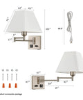 Swing Arm Wall Light With USB Port And Outlet, Plug In Wall Sconce In Nickel Finish, Dimmable Switch, dimensions shown