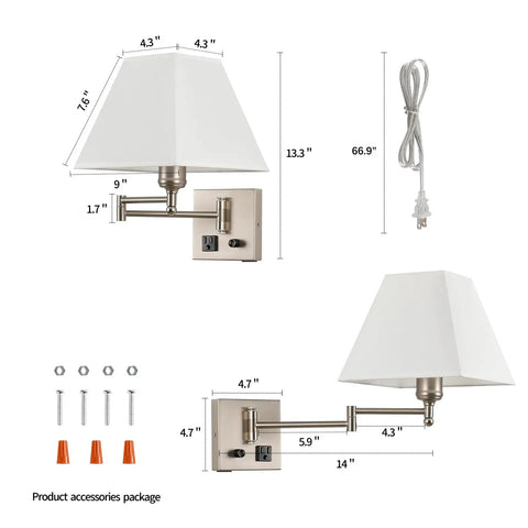 Swing Arm Wall Light With USB Port And Outlet, Plug In Wall Sconce In Nickel Finish, Dimmable Switch, dimensions shown