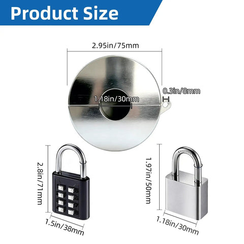 Dimensions of Dual Lock Outdoor Faucet Lock Kit With 2 Padlocks, Stainless Steel Lock For Hose Bib And Gate Valve, showing measurements.