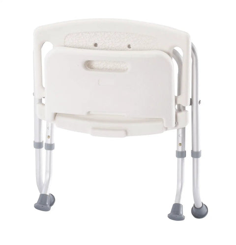 Folding Bath Seat With Back Support For Safe No Fuss Shower Time Portable Shower Bench White Easy To Fold And Store Built In Non Slip Textured Seat Ideal For Seniors Disabled Caregivers And Home Use, back view showing folding mechanism and textured back support.