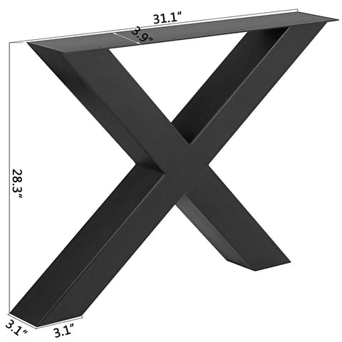 Beefy Pair of Heavy Duty Steel Table Legs, 28 Inch High by 31 Inch Wide X Frame 3.1 Inch Square Box Legs, side view with measurements