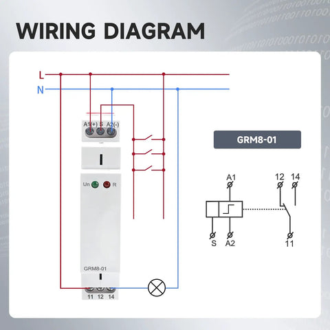 Wiring diagram for Impulse Latching Relay With Memory, 16A Pulse Control, Wide Range AC DC 12 Volt To 240 Volt.
