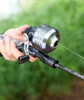 Person using Spincast Fishing Reel With All Metal Gears And 3.9 To 1 High Speed Ten Pound Drag Push Button Casting For Bass Trout And Catfish Left Or Right Hand Retrieve Includes Monofilament Line Built Tough For Freshwater.