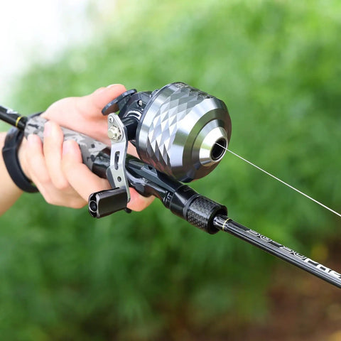Person using Spincast Fishing Reel With All Metal Gears And 3.9 To 1 High Speed Ten Pound Drag Push Button Casting For Bass Trout And Catfish Left Or Right Hand Retrieve Includes Monofilament Line Built Tough For Freshwater.