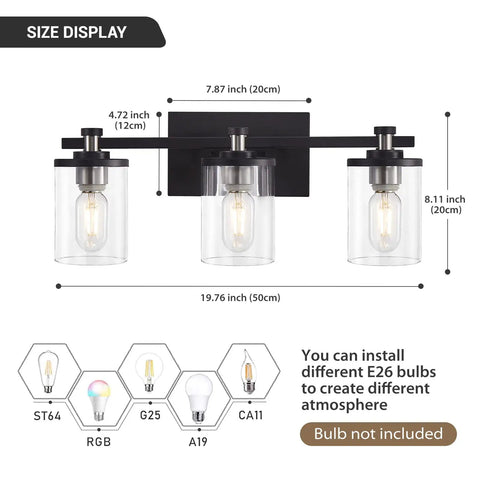 Three Light Matte Black And Brushed Nickel Bathroom Vanity Light Fixture Over Mirror With Clear Glass Shades E26 Base