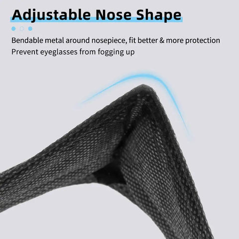 Close-up of black Disposable Face Masks 3 Ply With Melt Blown Filter 50 Pack with adjustable nose shape.