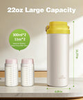 Grind Mode Ready Portable Breast Milk Cooler Pack Holds Two Twenty Two Ounce Thermal Containers on a countertop with size details.