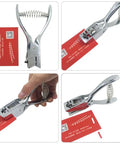 Hand Held Slot Punch Tool Kit With 10 Metal Badge Clips And PVC Straps For PVC ID Cards Card Holders Lanyards And Credentials Heavy Duty Punch Plier For Clean Precise Card Holes creating a hole in a red card
