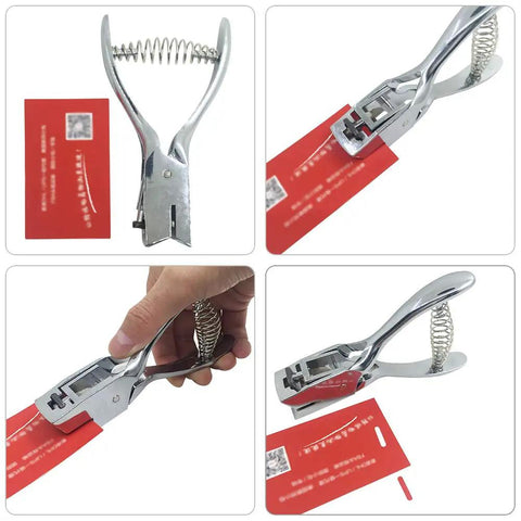 Hand Held Slot Punch Tool Kit With 10 Metal Badge Clips And PVC Straps For PVC ID Cards Card Holders Lanyards And Credentials Heavy Duty Punch Plier For Clean Precise Card Holes creating a hole in a red card