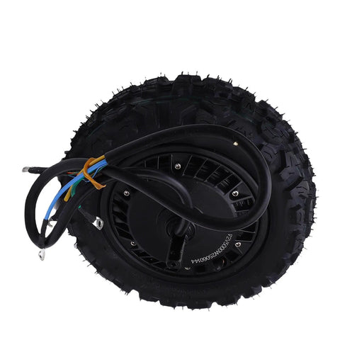Beefy 11 Inch 5000W Brushless Hub Motor for electric scooters and bikes with rugged tire and wiring, IPX6 waterproof aluminum construction.