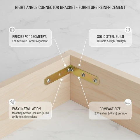 2.76 Inch Steel Right Angle Connector Bracket for 90 Degree Furniture Joints installed on wood corner