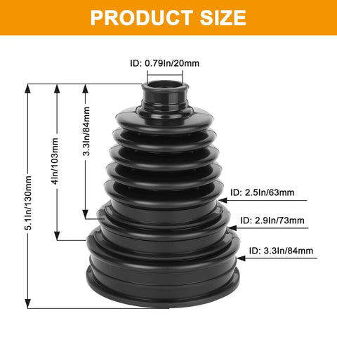 Diagram showing sizes for CV Axle Boot Repair Kit Universal Fit Silicone Stretchable Protective Cover for 19mm to 34mm Shafts Cars SUVs ATVs