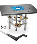 Premium Shop Grade Mid Size Router Lift Kit Featuring Rock Solid Phenolic Table Plate And Slick Quick Swap Snap Lock Ring System, detailed view.
