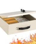 Beefy Fireproof Safe Box With Key Lock For Valuables And Documents, Tough As Nails Fire Resistant Lockbox; beige, large, open view.