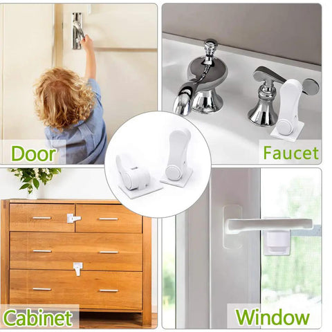 Kid Friendly Door Lever Lock For Easy Baby Proofing No Drill Install Simple One Hand Use Toddler Safe Door Handle Lock For Doors And Faucets Strong ABS Adhesive 4 Pack shown on doors, cabinets, windows, and faucets.