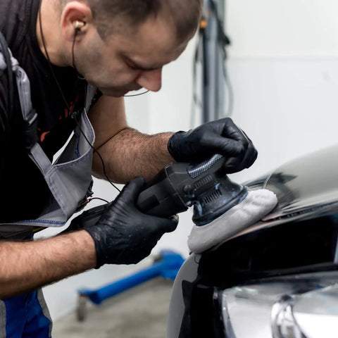 Premium Quality Microfiber Orbital Buffer Pads For Car Polisher Bonnet Cover 20 Pack used on a car's surface during polishing.