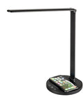 LED Desk Lamp With Wireless Charger And USB Port, 5 Color Modes And 5 Brightness Levels, Easy Touch Dimmer, Auto Off Timer 30 Or 60 Minutes, Eye Caring Desk Light For Home Office, Black lamp with phone on charging base.