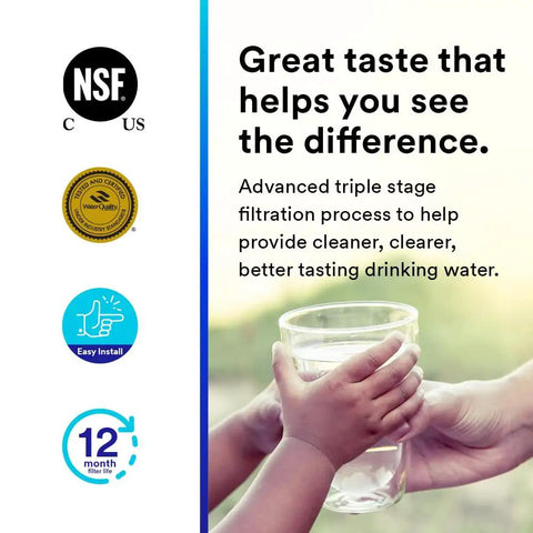 Hands holding a glass of water with filtration process text and certification logos. Sediment Pre Filter Cartridge For Under Sink Reverse Osmosis Systems Fits 3M RO401 And 3M RO501 Replacement Water Filter For Cleaner Taps And Longer RO Life Easy Install.