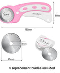 45mm Rotary Cutter With Five Extra SKS7 Stainless Steel Blades, Ergonomic Pink Handle, Safety Lock shown with blades and case
