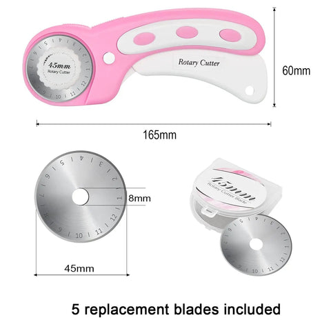 45mm Rotary Cutter With Five Extra SKS7 Stainless Steel Blades, Ergonomic Pink Handle, Safety Lock shown with blades and case