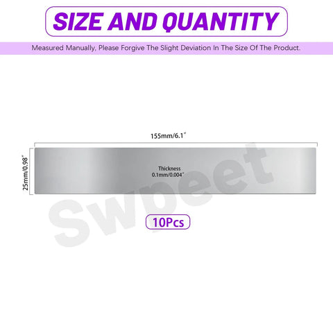 Diagram of Ten Piece 304 Stainless Steel Shim Stock Kit One Inch By Six Inch By 0.004 Inch Thick with dimensions in mm and inches shown.