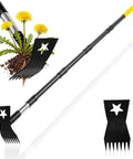 Stand Up Weed Puller With 68 Inch Long Handle, 2 In 1 Weed Rake And Garden Hoe Combo, tool head removing dandelion roots.