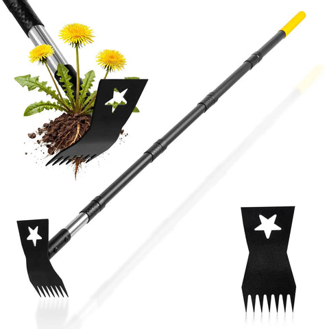 Stand Up Weed Puller With 68 Inch Long Handle, 2 In 1 Weed Rake And Garden Hoe Combo, tool head removing dandelion roots.